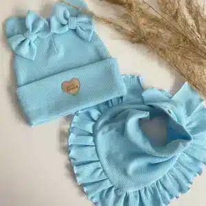 Czapka Miś z kokardami i chusta z falbanką zestaw dziecięcy handmade mojewykroje