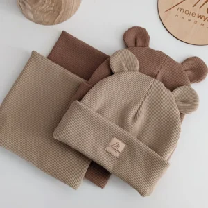Czapka Miś i komin zestaw dziecięcy z dzianiny prążkowanej handmade mojewykroje
