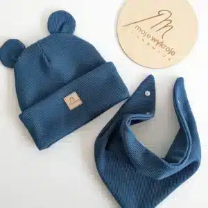 Czapka Miś i chusta zestaw dziecięcy z dzianiny prążkowanej handmade mojewykroje